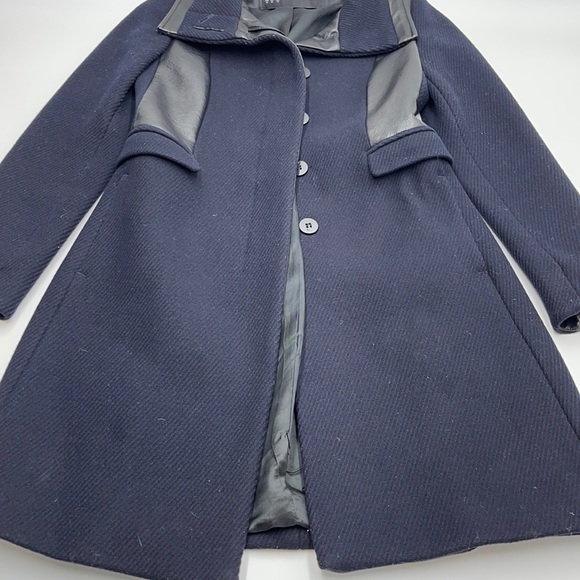 ZARA Navy Wool Black Faux Leather Trim Coat XS - Picture 7 of 12